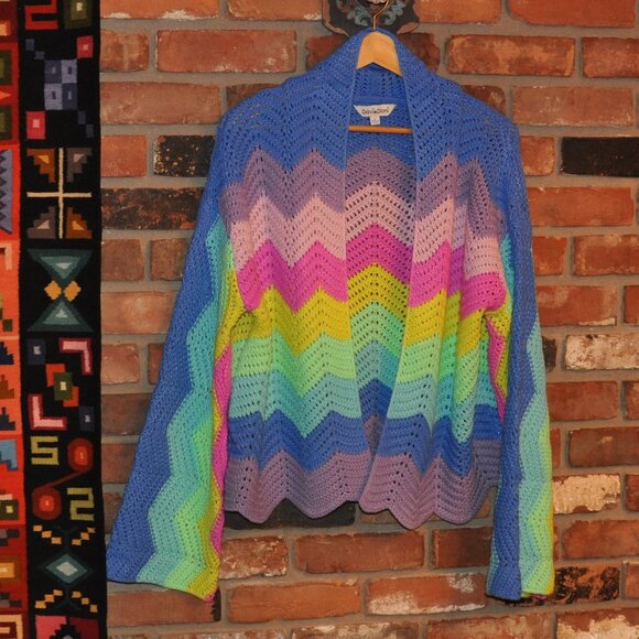 Davi & Dani Rainbow Zig-Zag Stripe Knit Open Cardigan Bell Sleeve L - Picture 6 of 8